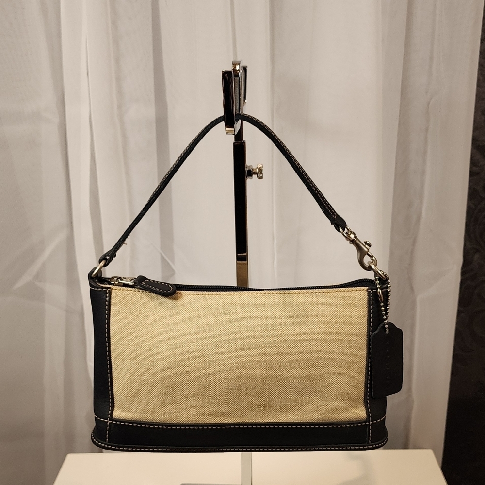 Vintage Coach Linen With Navy Leather Pochette #6115 - Picture 3 of 13